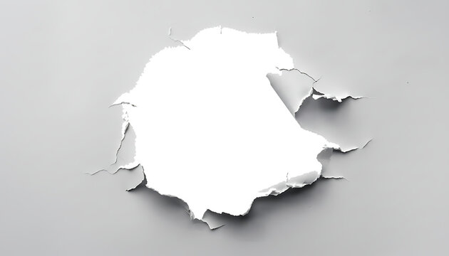 Realistic white torn paper hole with ragged edges and shadow effect isolated on transparent background.