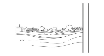 Obraz premium Simple line drawing of a small town with houses trees and a waterfront