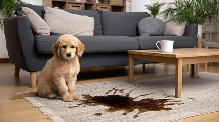Fototapeta na wymiar Dog causes mess in living room with dark brown stains on carpet next to sofa in modern home setting
