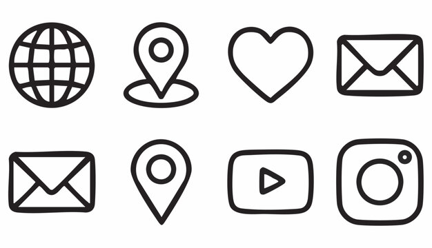 A clean, minimalist collection of eight social media and communication icons, arranged in two rows of four. Each icon is rendered as a thin, consistent black outline against a stark white background.