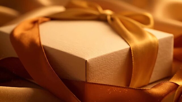 Close-up of white gift box with golden ribbon on golden satin fabric, present