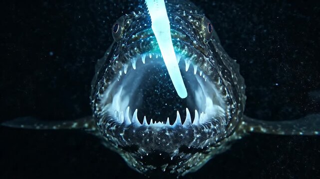 Deep Sea Anglerfish Close-Up - A close-up shows a deep sea anglerfish with a bioluminescent lure, displaying its sharp teeth and predatory features in the dark depths.