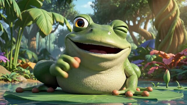 Smiling Cartoon Frog in Jungle - A bright-eyed, cartoon frog with a wide grin sits on a lily pad in a lush jungle setting. The frog appears thoughtful, with its finger resting on its chin.