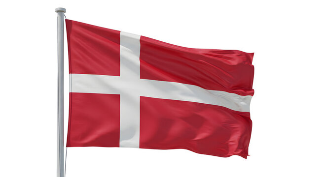 Danish Flag in the Breeze: The iconic red and white flag of Denmark, known as the Dannebrog, waves proudly against a clear sky, symbolizing national pride and heritage.