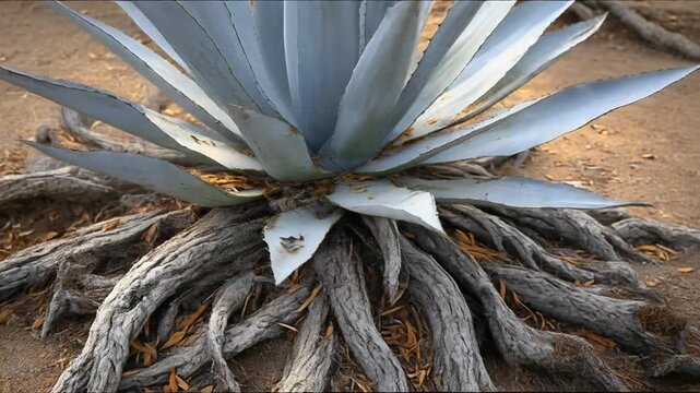 A close-up view of a large desert plant, showing the blue-green leaves and exposed, textured roots