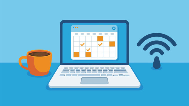 White laptop showing a simple calendar interface with events and checkmarks near a coffee cup