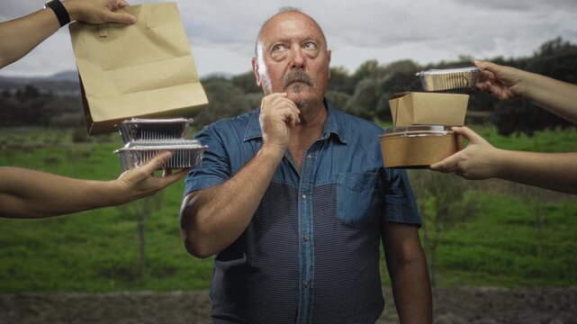 Man with paper bag and takeout containers hand on chin in forest setting, offered food from multiple hands; contemplation choice.