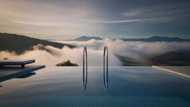 Serene infinity pool overlooking foggy mountains at sunrise or sunset, with lounge chairs on either side