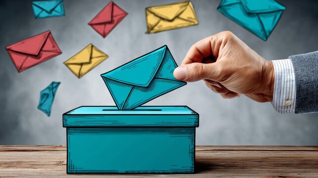 Hand placing an envelope into a blue ballot box on a wooden table, surrounded by colorful envelopes, with a textured gray background enhancing the visual appeal of the scene