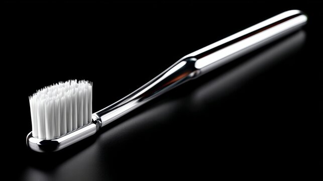 Chrome toothbrush with white bristles, full length visible in horizontal side view, showcasing smooth body and controlled reflections against a dark background