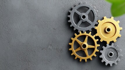 Fototapeta premium Gears and cogwheels in gray and gold colors arranged on a textured gray concrete background, featuring ample copy space for text, flat lay top view composition