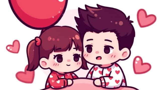 Two cartoon children sitting together with hearts and balloon, looking cute and loved, for Valentine's Day or romantic concepts