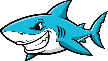 Obraz premium Vector illustration of a cool blue shark mascot with a fierce grin and sharp teeth for sports team logo branding and ocean predator design