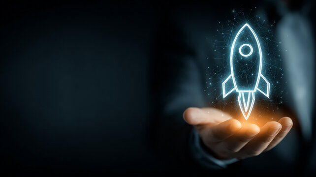 Hand presenting a rocket outline icon, representing product launch and startup acceleration.
