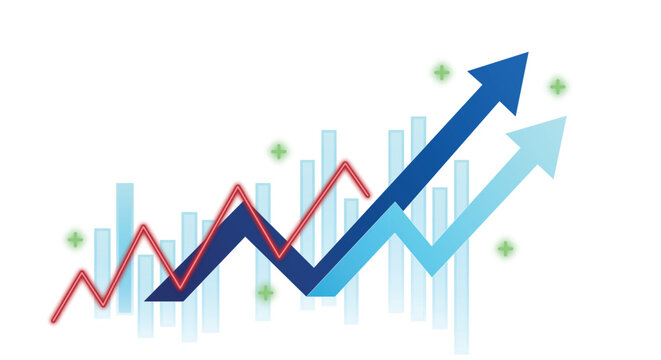 Financial bar chart and line graphs with upward trending arrows for business growth