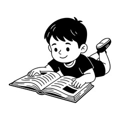 Boy Reading Book Illustration Line Art Coloring Page for Kids