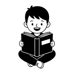 Boy Reading Book Illustration Vector Line Art Sitting Cross Legged