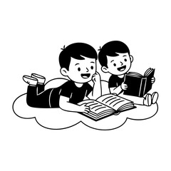 Two Boys Reading Books on a Cloud Illustration Vector
