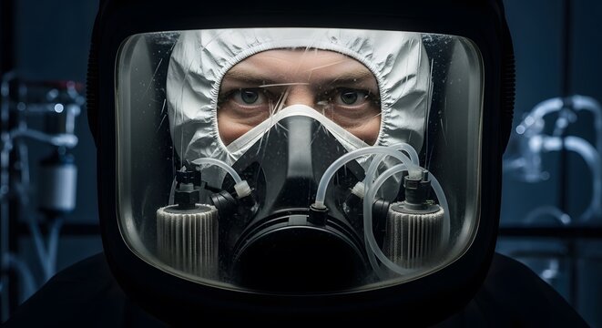 Professional Scientist in Full PPE Respirator Mask & Hazmat Suit in Dark Lab. Intense Close-up on Eyes for Biotech, Research, or Safety.