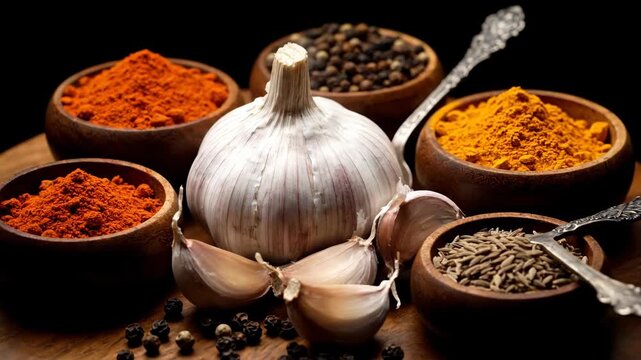 Still life of diverse spices, garlic, pepper, turmeric, and powder on wooden background.