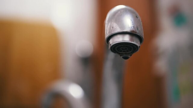 Close-up of a dripping faucet against a blurred background, viewed from below. Water droplets form and fall, highlighting water waste.