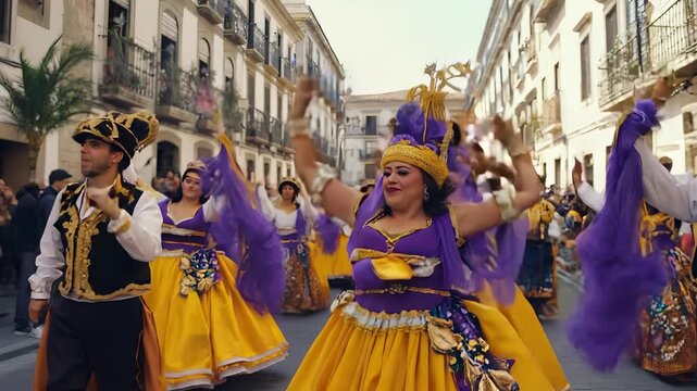 Festive Dancer in Traditional Costume Performing in a Historic Town Square, Spain &ndash; Cultural Celebration and Joyful Movement