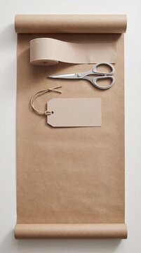 Holiday gift wrapping station with blank gift tag and copy space, vertical top-down