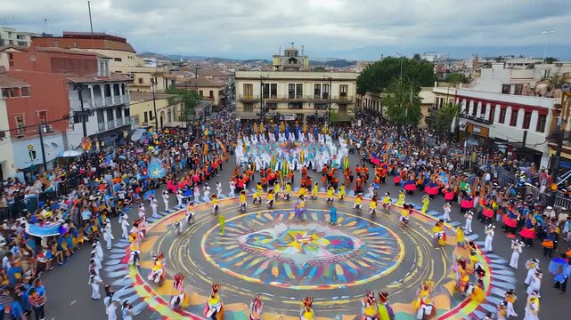 Vibrant Community Circle Dance: Colorful Celebration of Tradition and Unity in a European Town Square