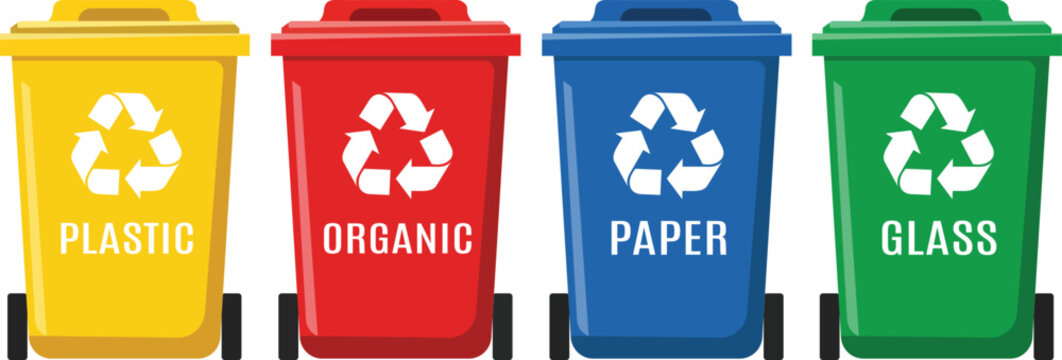 Waste sorting recycle bins in yellow red blue and green colors for plastic organic paper glass