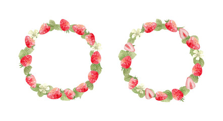 Watercolor strawberry wreath frame set with ripe red berries, slices, and white flowers for spring design.-300dpi-