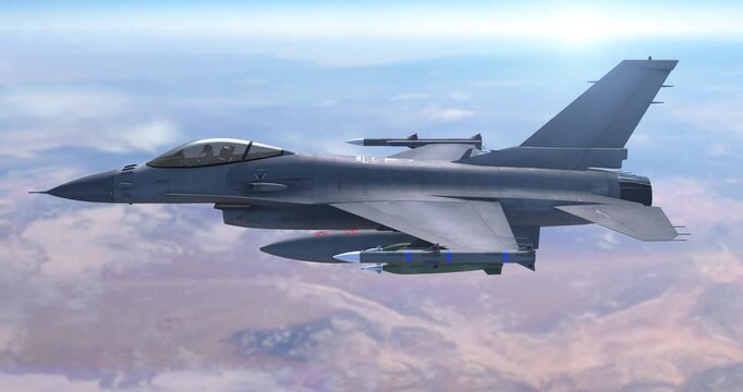 Military aviation fighter aircraft flying above mountains terrain. War Related 3D Animation.