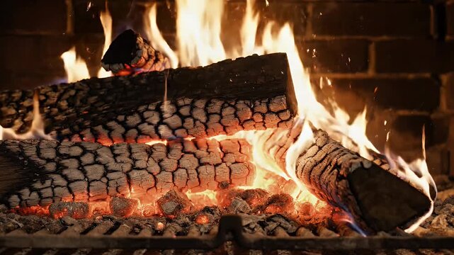 Burning Firewood in a Fireplace - Close-up shot of burning logs in a fireplace with bright flames and embers. The firewood rests on a metal grate, showcasing the texture of the charred wood.