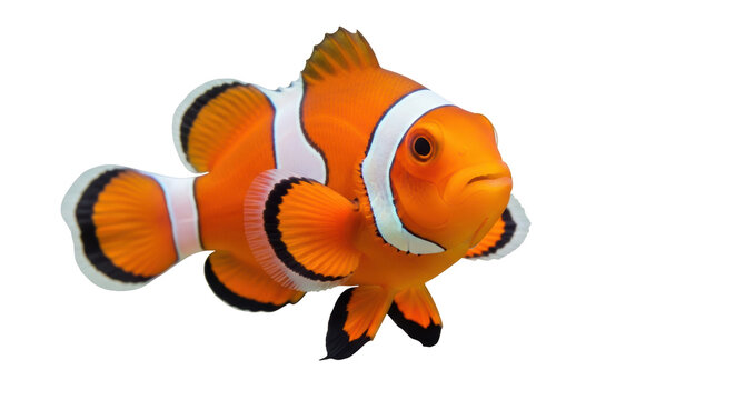 Orange clownfish PNG isolated on transparent background, vibrant tropical reef fish with distinctive white stripes for marine life designs