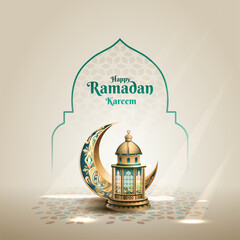 islamic greetings ramadan kareem card design with beautiful lantern and crescent © Artnavoner