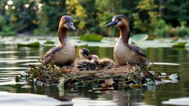 Two ducks with ducklings on nest.