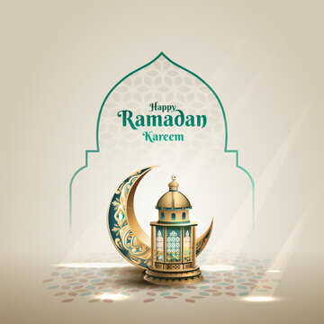 islamic greetings ramadan kareem card design with beautiful lantern and crescent