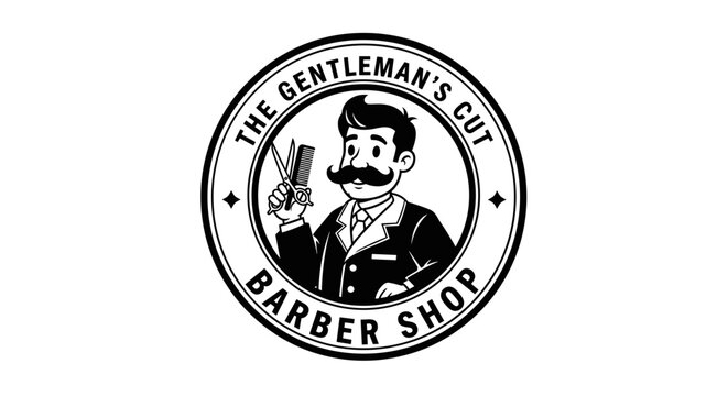 Vintage Barber Shop Logo with Gentleman Holding Scissors and Comb.
