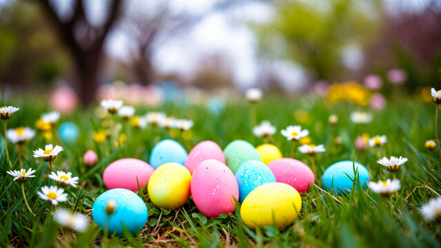 Children hunt colorful Easter eggs amidst blooming wildflowers and green grass.