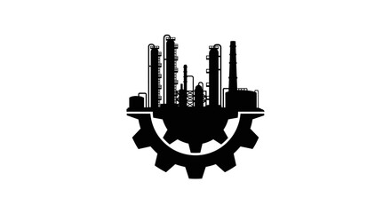 Industrial factory silhouette with gear symbol representing manufacturing and production.