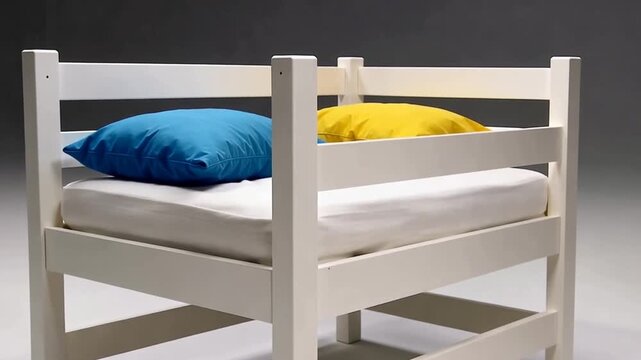 Two white wooden beds with pillows.