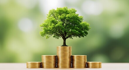 A thriving green tree growing from a stack of golden coins symbolizing financial growth and prosperity