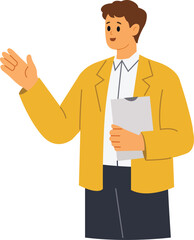 Person in yellow jacket speaks while holding a clipboard and gestures with hand in a simple setting