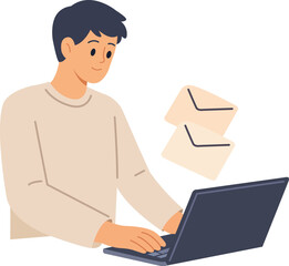 Person working on laptop while sending emails in a simple office setting at daytime