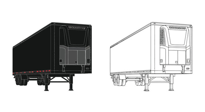 Semi truck trailer blueprints a dark and a line art rendering