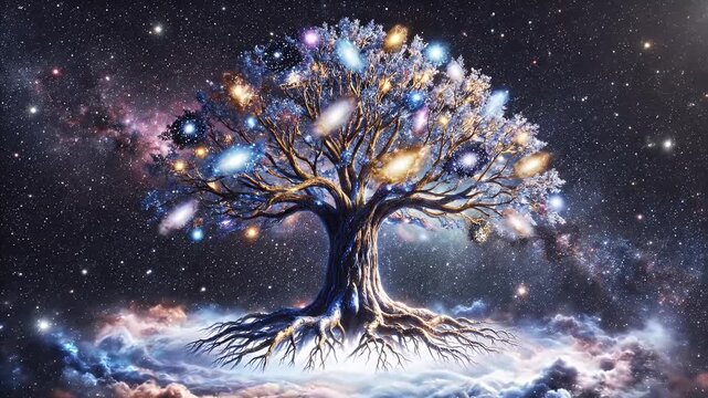 Cosmic Tree of Life - This captivating video showcases a majestic tree with glowing branches reaching into a starry sky.