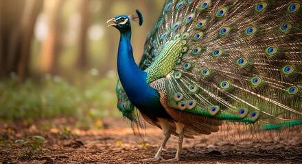 Obraz premium Vibrant Indian Peacock Displaying Colorful Plumage in Natural Forest Habitat