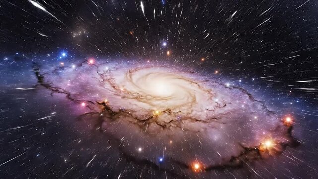 Wormhole Galaxy Flight - A mesmerizing digital video captures a journey through a wormhole, as light streaks across the frame, enveloping a distant galaxy at the tunnel's end.