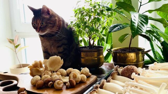 Cute tabby cat looking at an assortment of fresh mushrooms: king oyster, shiitake, enoki, and champignons on a kitchen table. Home kitchen scene with green plants and ikat pattern tablecloth.