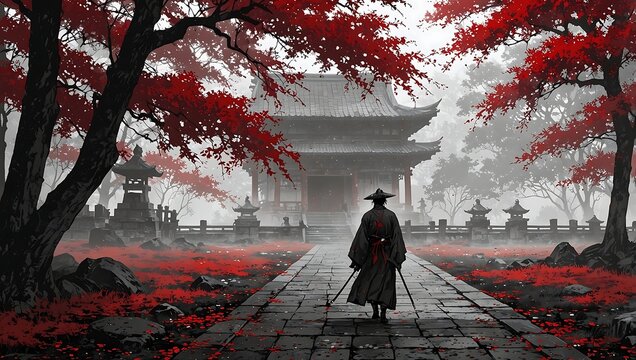 Japanese Warrior Approaching Temple in Red Maple Forest Illustration