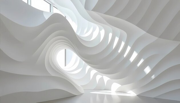 Futuristic Minimalist Interior with Flowing White Wave Forms